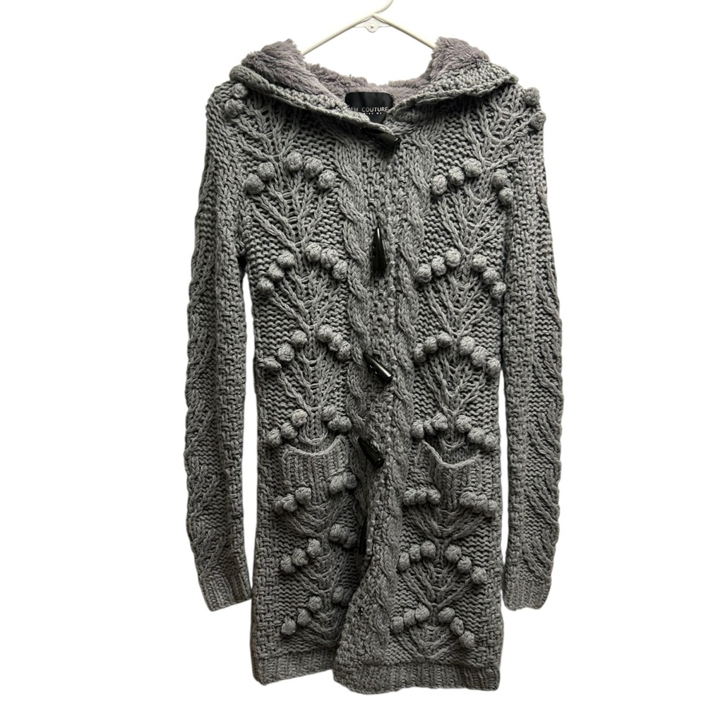 MM Couture Gray Chunky Knit Toggle Cardigan with Soft Faux Fur Hoodie